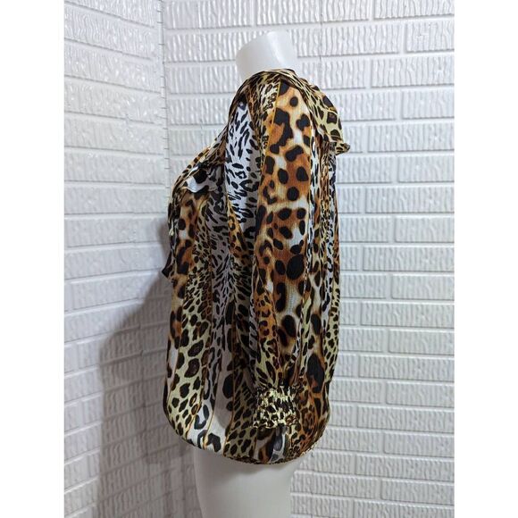 Peter Nygard Women's Leopard Print 3/4 Sleeve Ruffled Smocked Blouse Top Small - Picture 5 of 7